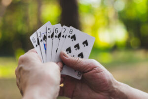 A pair of hands holds a set of playing cards with trees in the background.