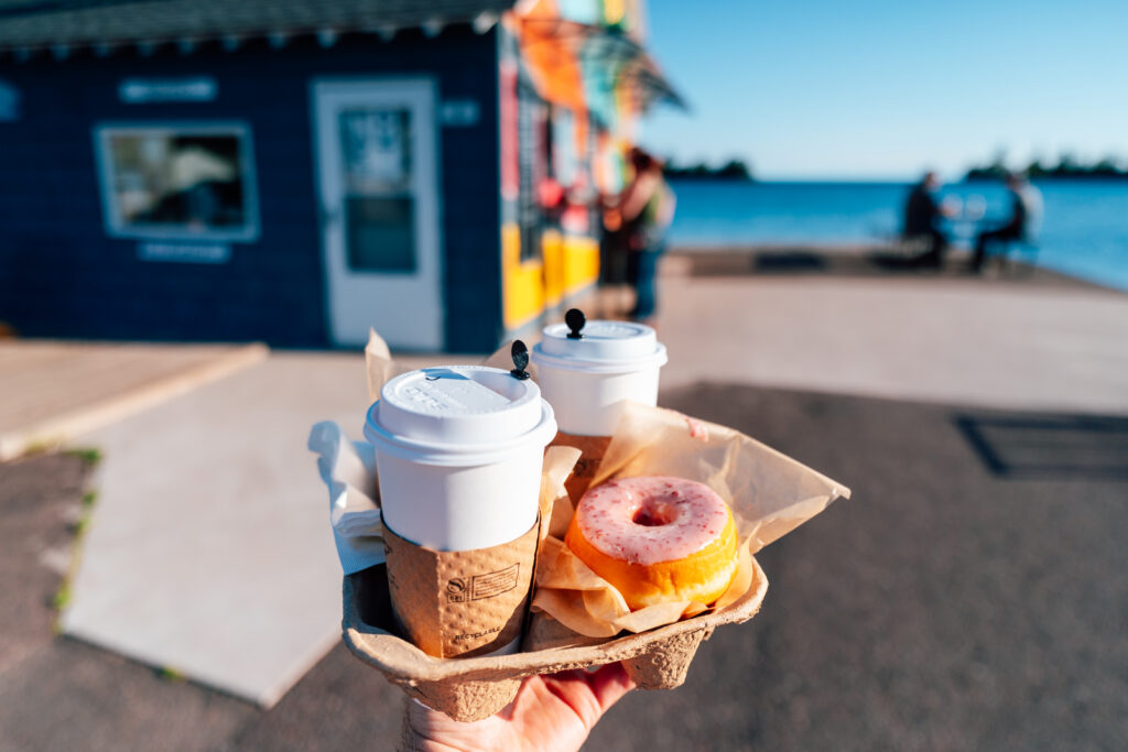 Jamsens Bakery goods include coffee and donuts.