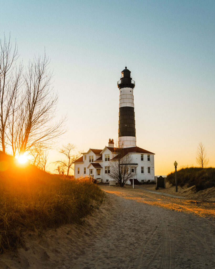 The Big Sable Lighthouse is pictured during a sunset.
