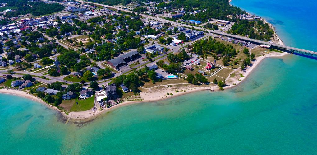 An overhead view of Mackinaw City in Northern Michigan